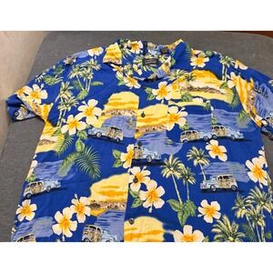 Pineapple Connection Mens XL Hawaiian Shirt Blue Woodie Car Tropical Rayon Aloha